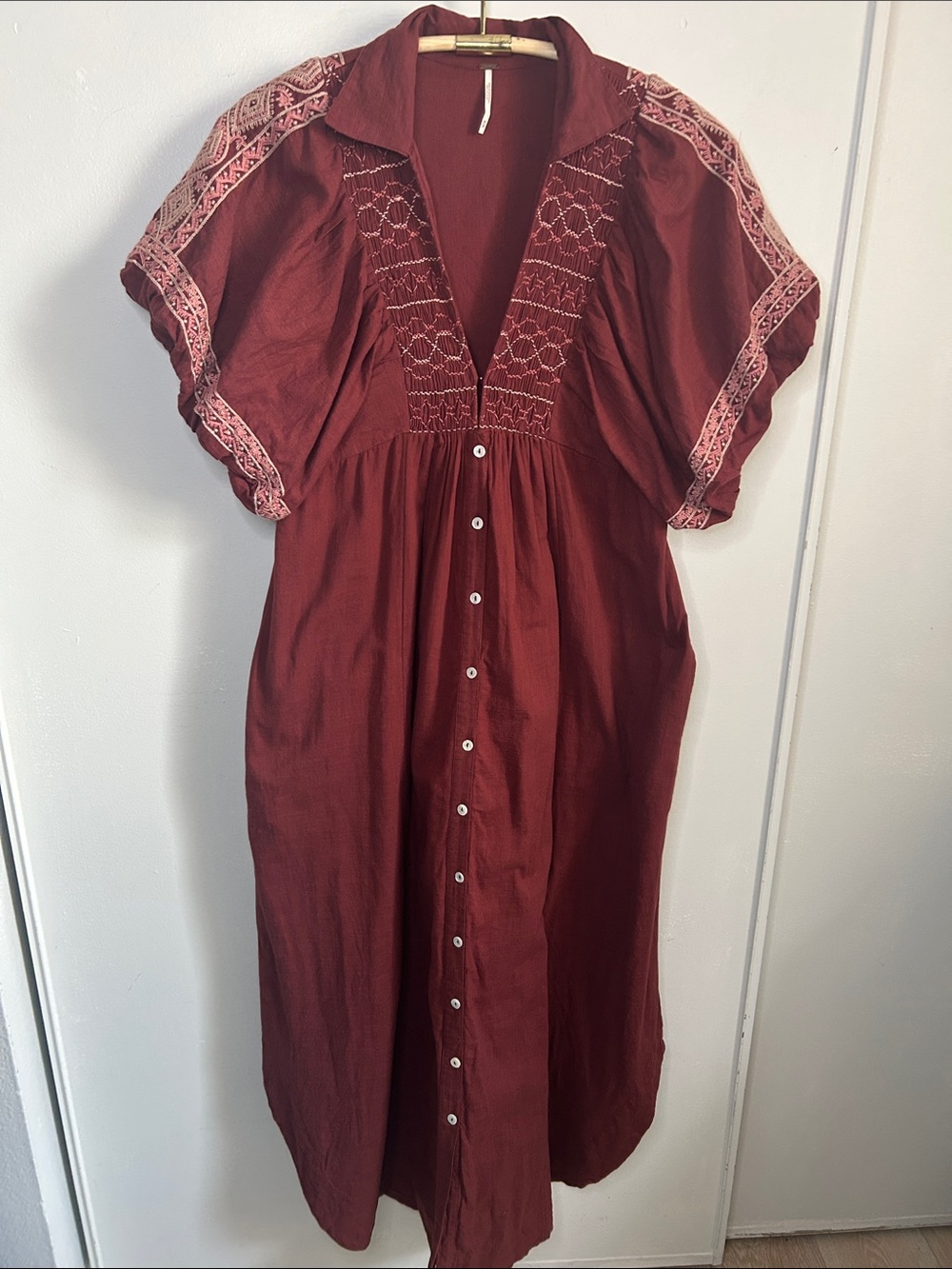 Free People Samantha Shirtdress"Double Dare" Red Intricate Shoulder Embroidery - Picture 9 of 13